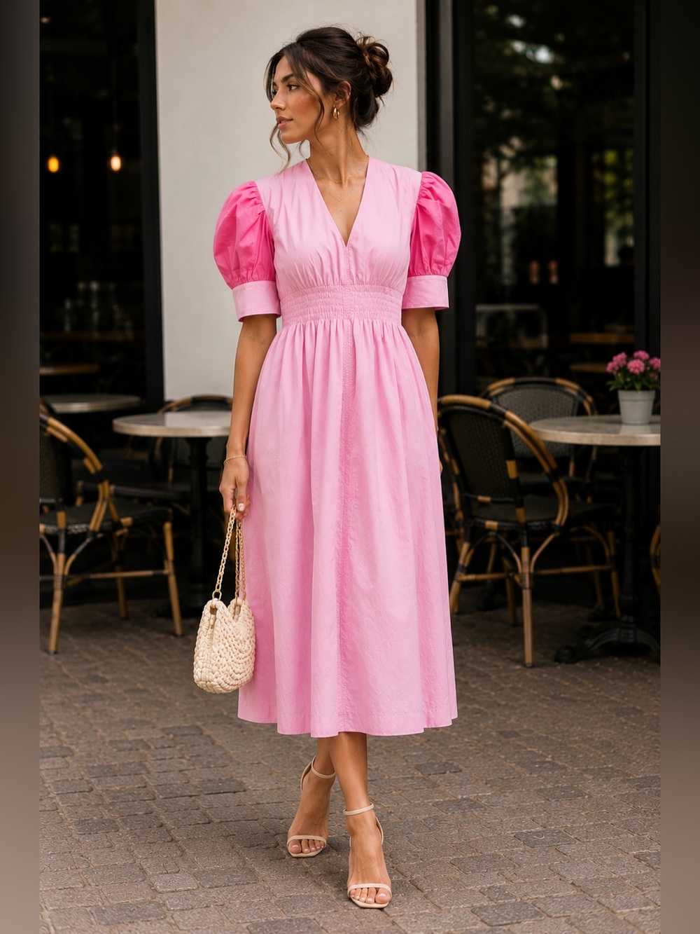 New! Ganni Pink Colorblock Poplin Smock Puff-Sleeve V-Neck Midi Dress ๐ธ size 6